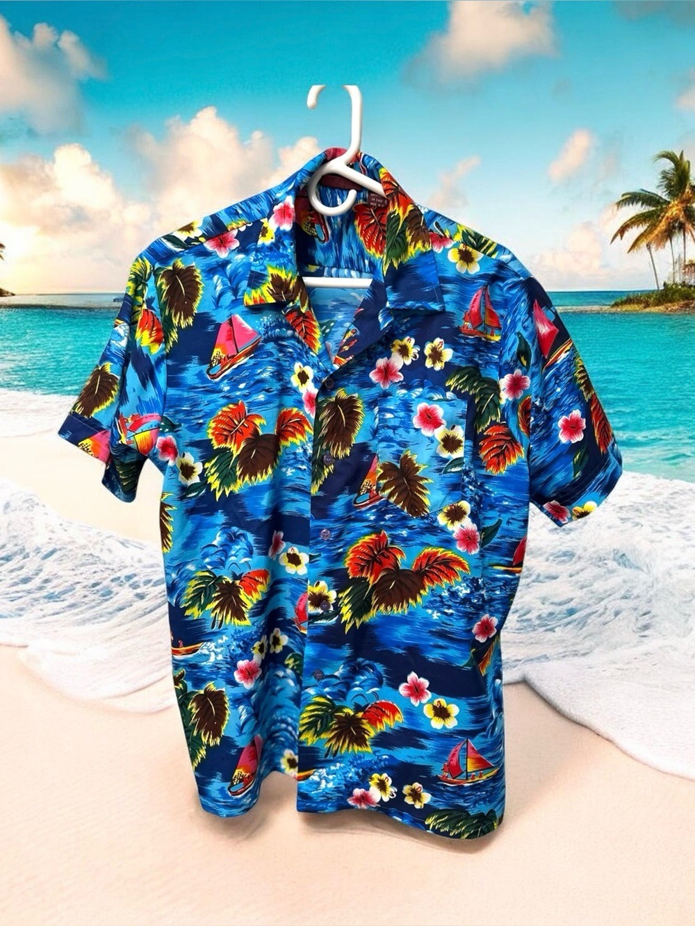 G Pellini Vibrant Hawaiian Button-down Shirt Womens L Blue Short Sleeves Floral